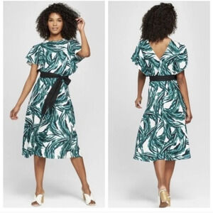 Who What Wear Tropical Palm Print Midi Dress Linen blend Size Small